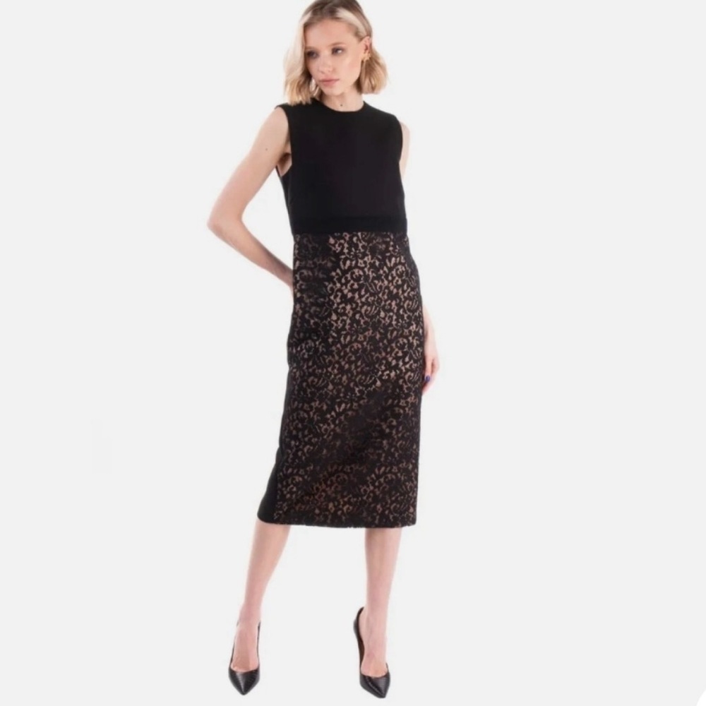 Les Copains Black Lace Panel Sheath Dress Sleeveless Italy Wool Blend Size 6 / 8